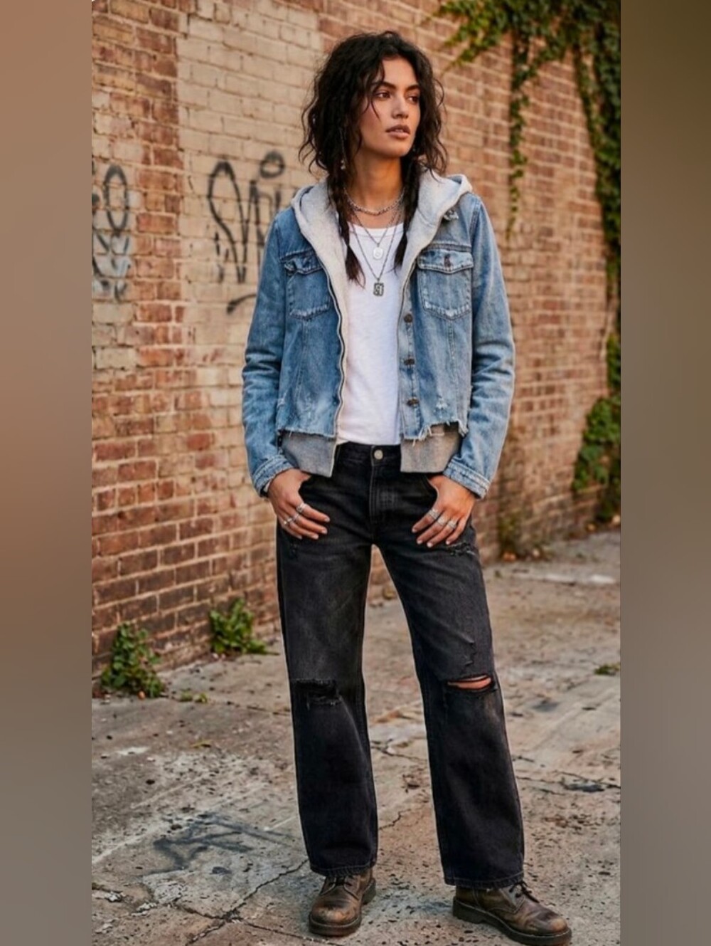Free People Distressed Hooded Denim Jacket Mixed Media Size M